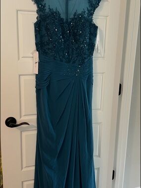 Azazie Teal Beaded Lace Bodice Evening Gown